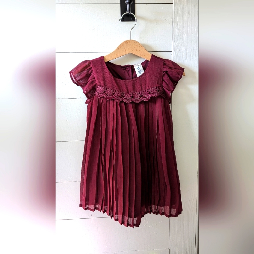 OshKosh B'gosh Toddler Girls' Pleated Short Sleeve Dress - Burgundy 12M